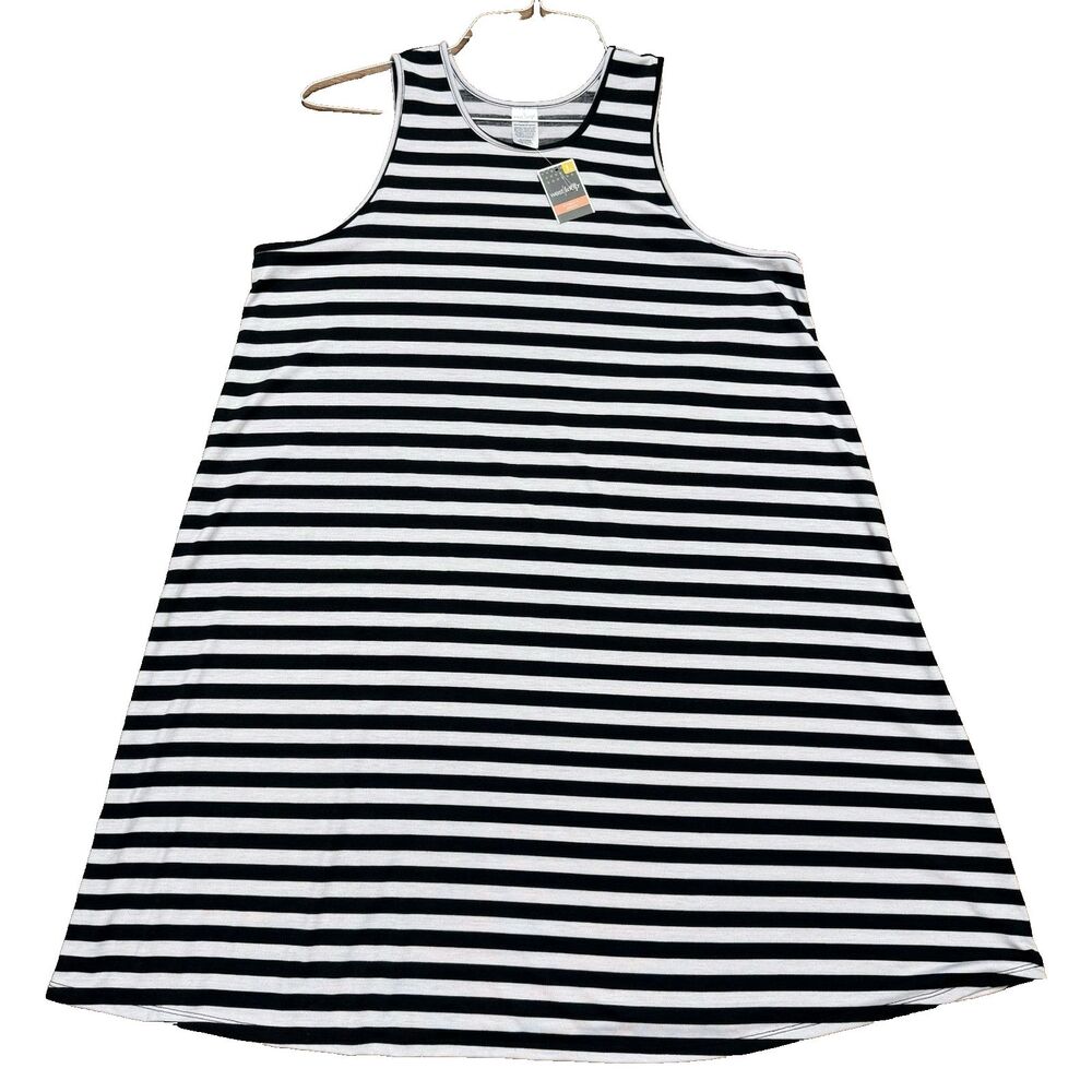 Women's L Swing Dress Black White Stripe Sleeveless Tank Knit Swimsuit Cover Up